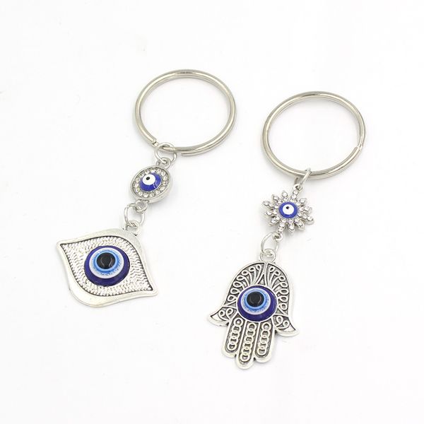 

wholesale rhinestone lucky eye fatima hand keychain car keyring blue turkish evil eye key chain for women men jewelry gift, Slivery;golden