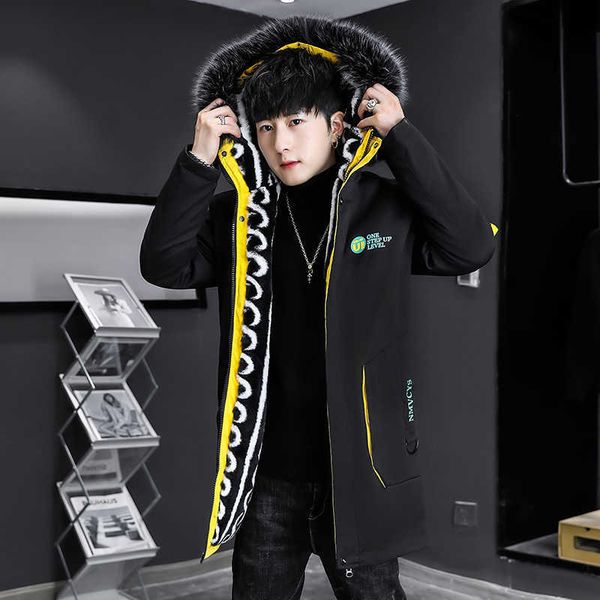 

plush and thickened long down jacket winter warm cotton men's youth, Black