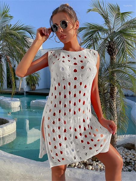 

women's swimwear women's summer dress crochet hollow out beach cover up knitted tunic sleeveless cover-ups 2022 polyester beachwea, White;black