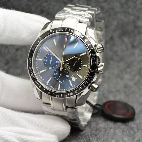 

high grade 44mm quartz chronograph mens watches red hands stainless steel bracelet fixed bezel with a ring showing tachymeter markings, Slivery;brown