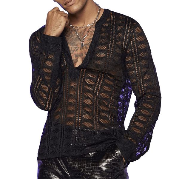 

men's t-shirts cut-out lace deep v-neck long sleeve t-shirt base, White;black