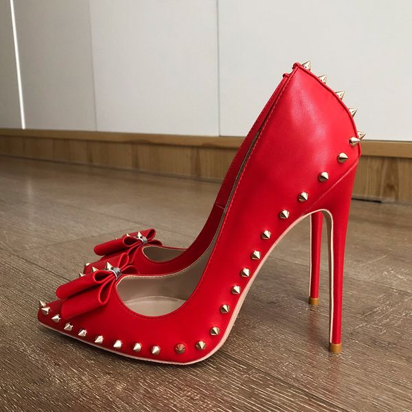

red matte leather shoes women gold spikes bow pointed toe red bottoms stiletto pumps 8cm 10cm 12cm ladies rivets bowtie high heel party shoe, Black