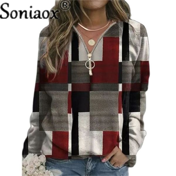 

women's hoodies sweatshirts autumn women loose casual v neck zipper long sleeve plaid pullover streetwear ladies fashion 221109, Black