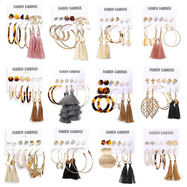 

5504 acrylic artificial charm pearl circle tassel 6-piece earring set, Golden