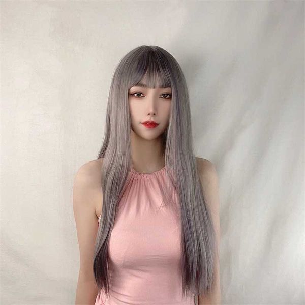 

hair lace wigs korean wig women's air bangs long straight hair chemical fiber head cover, Black
