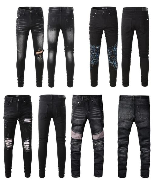 

new jean mens black jeans designer jeans distressed ripped biker slim fit motorcycle denim for washed hiphop trousers streetwear panelled co, Blue