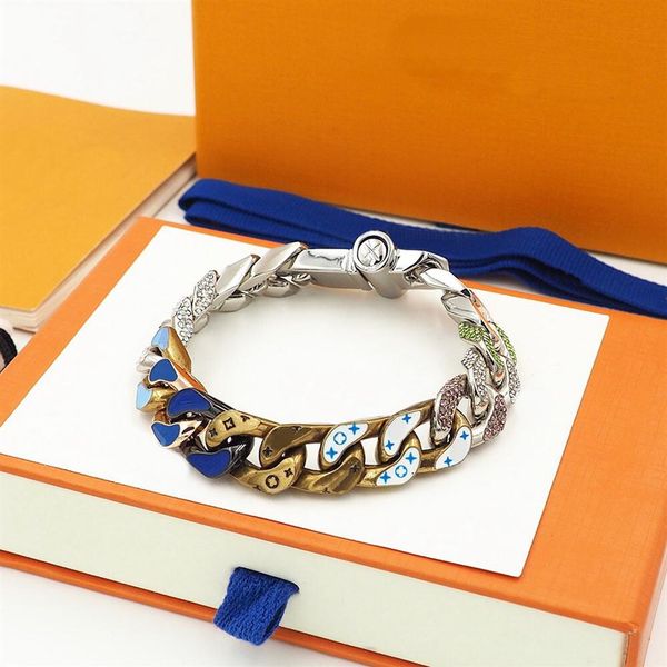 

new arrive fashion men titanium steel engrave four leaf flower colored enamel diamond 18k plated gold thick chain links bracelets 2 col209a, Black