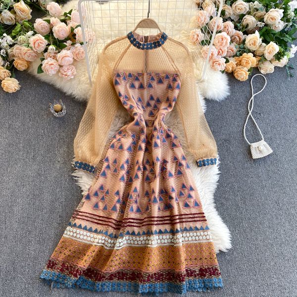 

autumn new beauty little fragrant dress european and american retro heavy industry long sleeve high sense screen print long skirts, Black;gray