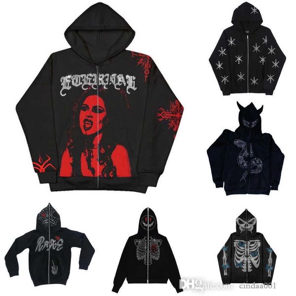 

fashion printed diamond hooded cardigan zipper loose mens and womens hooded brand sweater jackets, Black