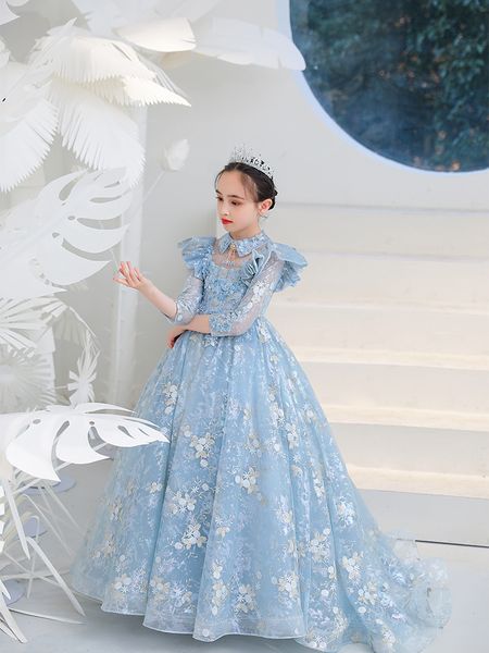 

gold sequined flower girl dresses for wedding blue lace long sleeves toddler pageant gowns appliqued ball gown kids prom dress, White;blue