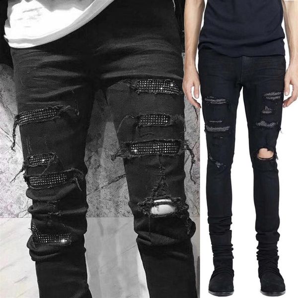

men black jeans with diamond stud patch damage hole slim fit denim trousers high street239r, Blue
