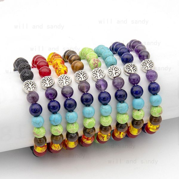 

yoga 7 chakra healing stone bead bracelet strand tree of life charm amethyst tiger eye stone bracelets for women men fashion jewelry, Black