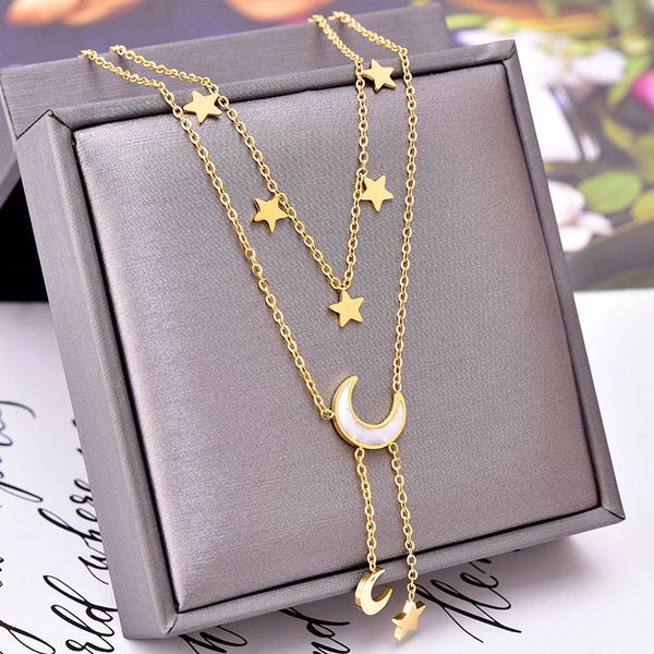 

double layered heart moon necklace fashion ladies gold stainless steel necklaces jewelry for gift, Silver