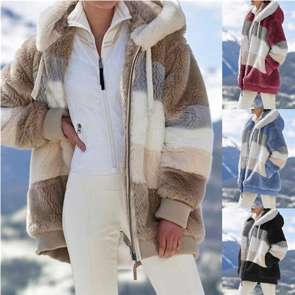 

women's knits tees women fall winter warm plush hooded coat contrast color long sleeve zip up thick cardigan jacket e-girls streetwear, White
