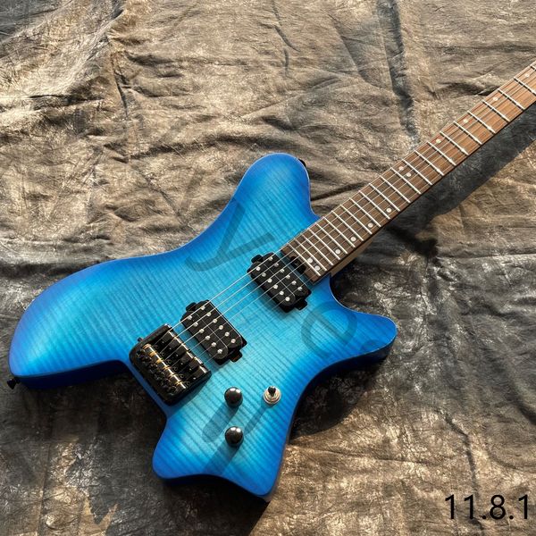 

headless electric guitar 6 strings traveler guitar or 24 fret ash body with blue flamed maple veneer neck rosewood fingerboard
