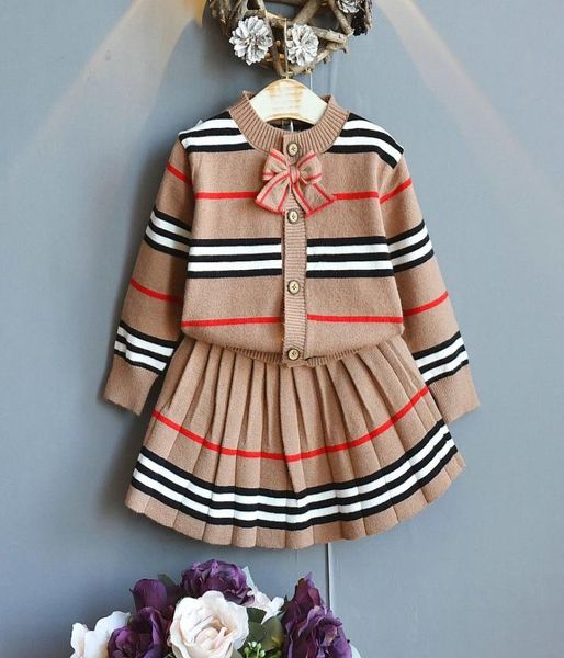 

baby girls winter clothes set girl sweater striped pleated skirt twopiece suit 37 years kids clothing9334383, White