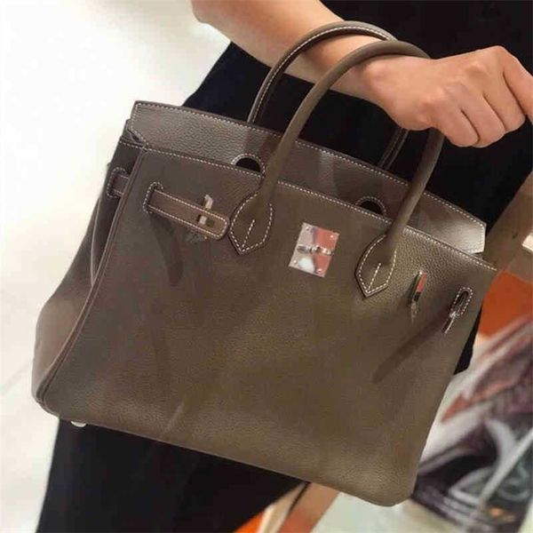

designer female birkins handbags herme h family bag fashion original factory togo calfskin litchi pattern 25 30 35 elephant grey female bag