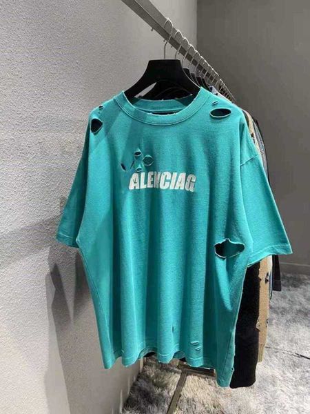 

fashion brand designer t shirt letter perforated short sleeve loose casual men's clothing crescent blue balanciagas, White;black