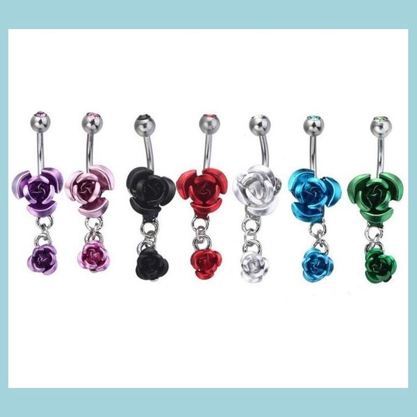 

navel bell button rings stainless steel hypoallergenic belly button rings crystal rose flower body piercing bar jewlery for women dhq7w, Silver