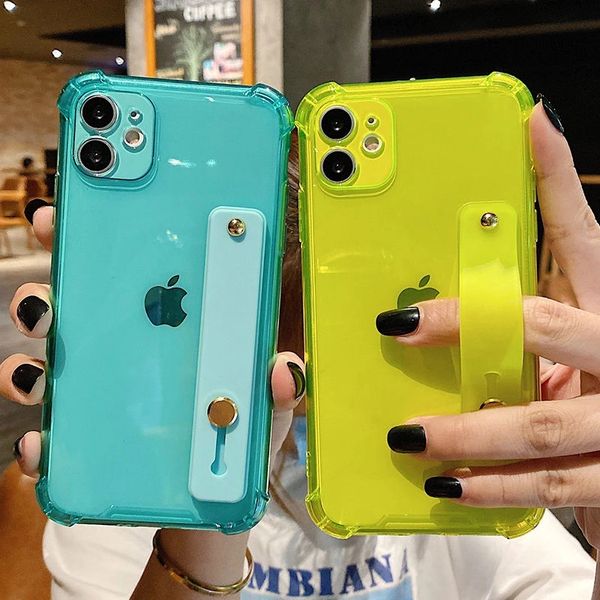 

wrist strap transparent phone cases for iphone 11 13 11pro max xr xs max x 7 plus 13 12 pro 14 fluorescent color soft back cover
