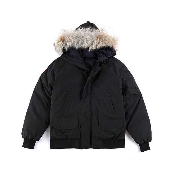 

designer luxury goosie down jacket fur ruff men cg winter fit warm canadas men white goosing coat exterior pockets zipper stretch rib cuff t, Black