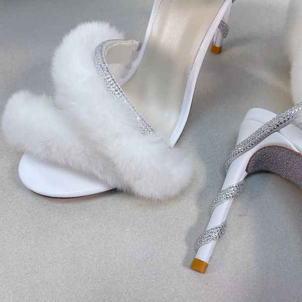 

leather caovilla margo rene and fur heels sandals rhinestone embellished snake stiletto heel sandals luxury designers ankle wraparound shoe, Black