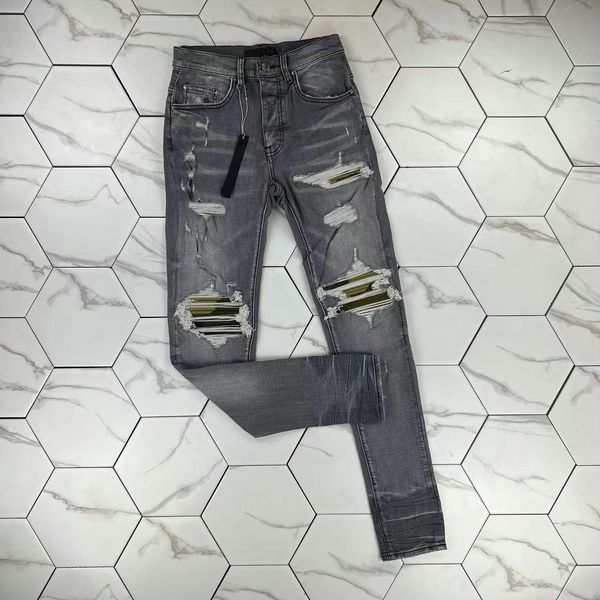 

hm600 quality mens jeans distressed motorcycle biker jean rock skinny slim ripped hole stripe fashionable snake embroidery denim pants, Blue