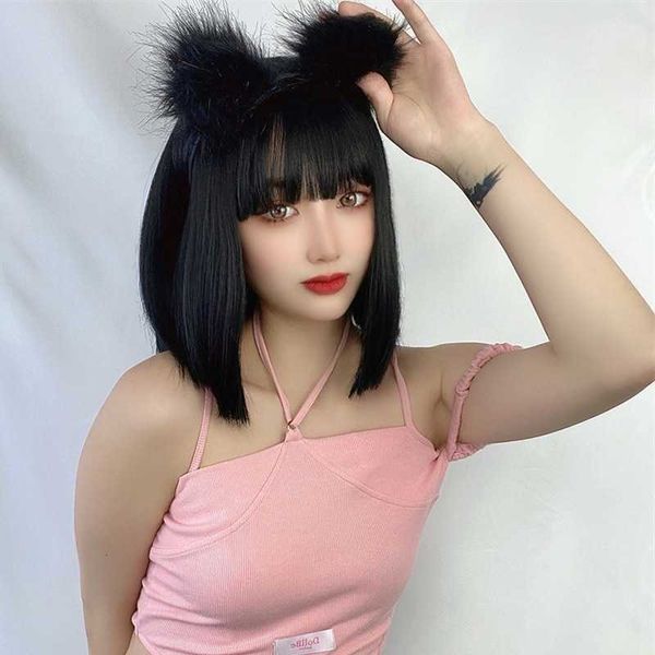 

hair lace wigs female short straight hair net red jk natural harajuku style color bobo pink wig head set product, Black