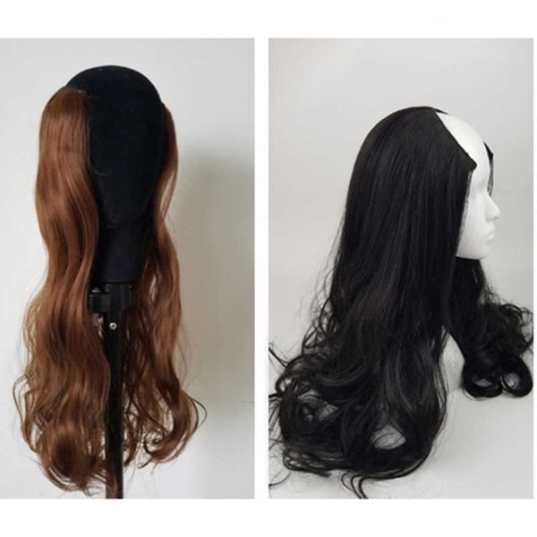 

hair lace wigs wig female u-shaped half head set long curly ffy face trimming big wave patch women's medium gth straight hair, Black