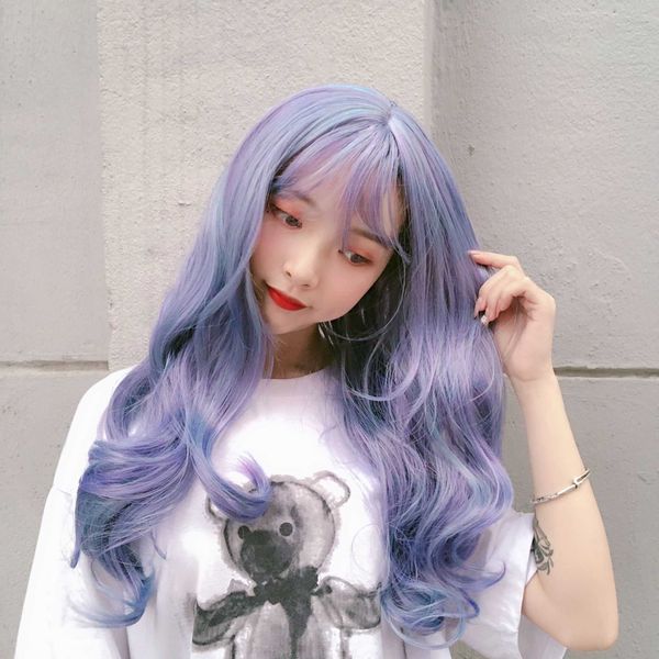 

hair lace wigs net red live broadcast wig female ashtray blue air bangs long curly hair big wave chemical fiber mechanism headgear, Black