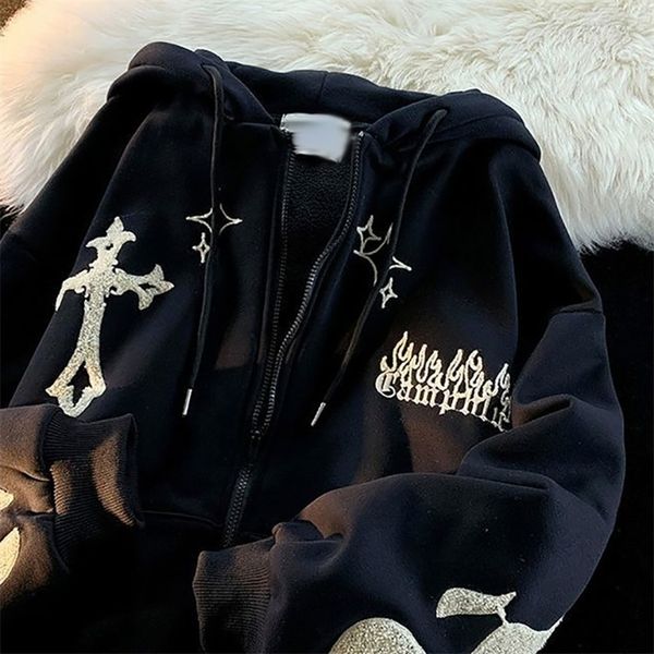 

women's hoodies sweatshirts oversized retro harajuku zip up winter grunge punk sport jackets high street sweatshirt coat vintage clothe, Black