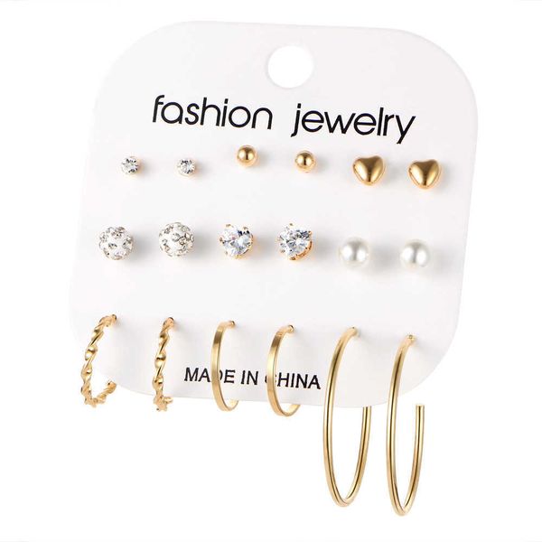 

rock exaggerated metal earrings 9-piece set crystal earring set female, Golden
