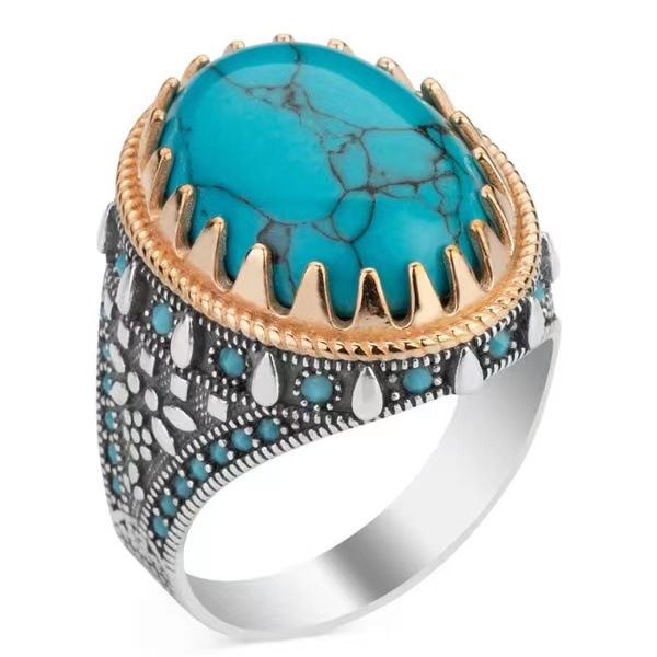

oval turquoise ring natural gemstone rings bohemia jewelry size 6-13, Golden;silver