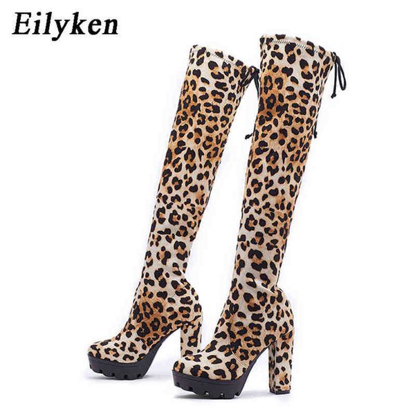 

boots eilyken leopard grain over the knee boots women fashion round toe cross lace up square high heels platform shoes booties 220913, Black
