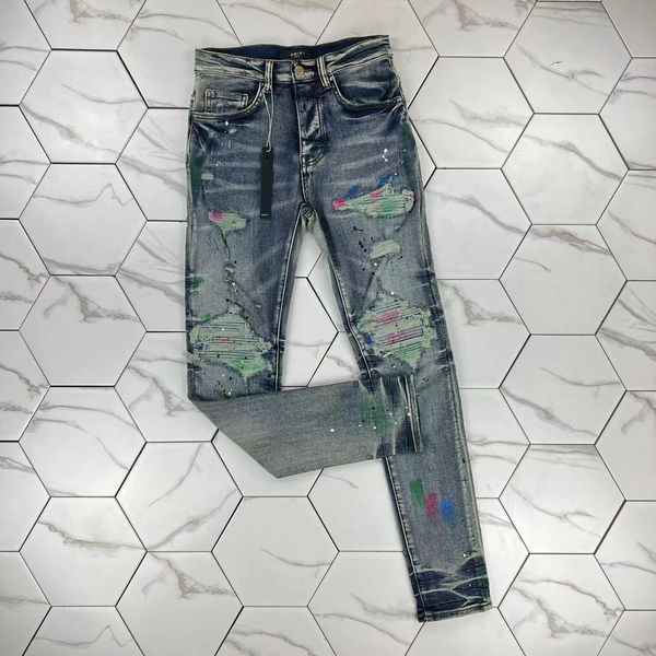 

hm604 quality mens jeans distressed motorcycle biker jean rock skinny slim ripped hole stripe fashionable snake embroidery denim pants, Blue