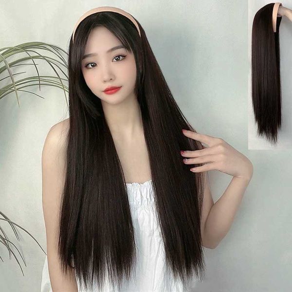 

hair lace wigs hoop half head wig female straight live broadcast high temperature silk long hair wigs, Black