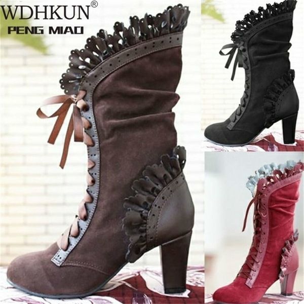 

boots high heel women steampunk leather suede autumn vintage winter shoes lace up cosplay hvt373 221109, Black
