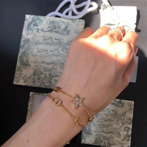 

europe america fashion style new two-piece bracelet five-pointed star women's gold letter water brick star bracelet with diam213g, Golden;silver