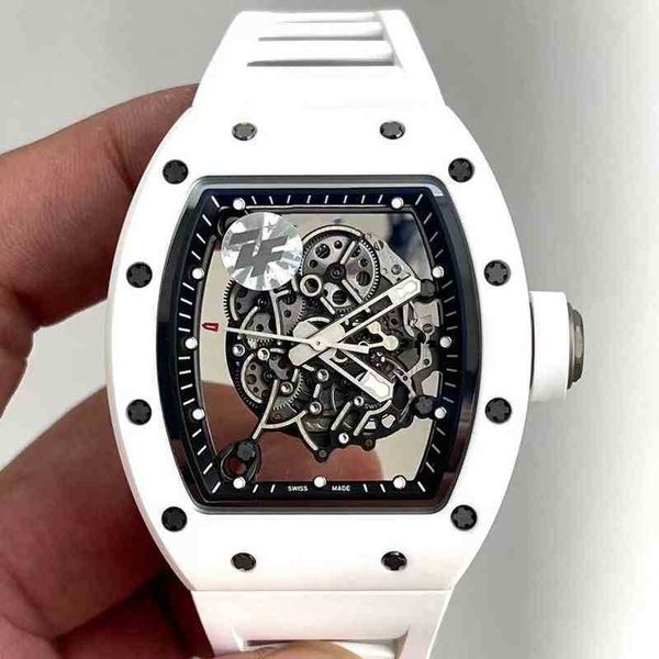 

leisure luxury mens mechanics watches richa wristwatch business rm055 multifunctional automatic mechanical mill white ceramic tape men', Slivery;black