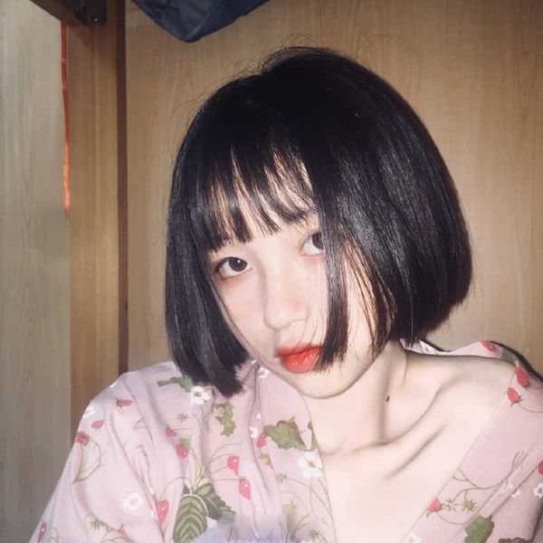 

hair lace wigs korean wig female set bobble short straight hair secondary bangs bobo student head ffy, Black