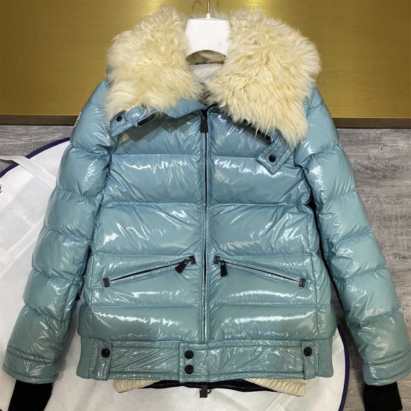 

winter women's jacket with white goose down warmth ski suit oversized lambswool fur collar wind resistance loose leisure coat, Black