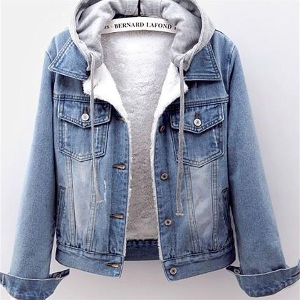

women's jackets fleece warm winter jean jacket pockets button soft hooded outerwear fashion slim denim coats female 221109, Black;brown