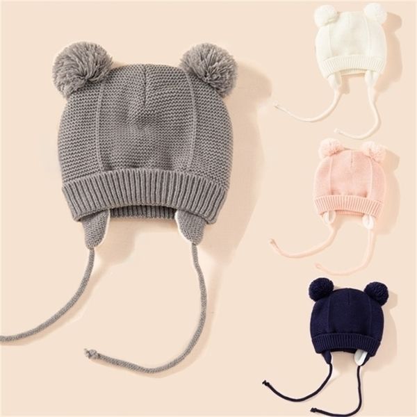 

caps hats beanieskull cute knitted pompom baby hat thick warm girl boy beanie winter ear cap kids glove bonnet muts for born 221107, Yellow