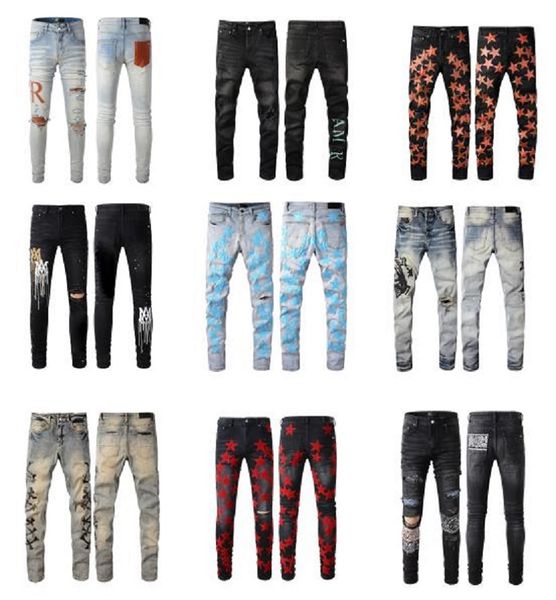 

men's jeans mens jeans men women stars print long distrressed sticker embroidery slim denim straight biker skinny pants designer jeans, Blue