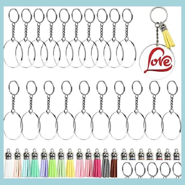 

keychains lanyards 20pcs/lot acrylic keychain blanks transparent round clear discs circles metal split key chain rings with leathe dhocj, Silver