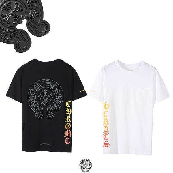 

ins fashion brand short sleeve t-shirt ch cro classic ring color sanskrit printed pure cotton for men and women, White;black