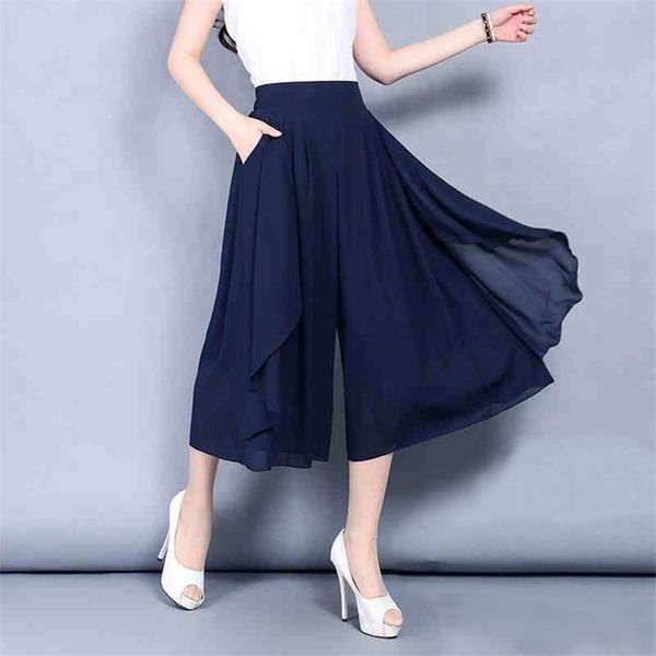

women's pants capris elastic high waist slim elegant chiffon female pants skirts women summer wide leg medium long leisure loose trouse, Black;white