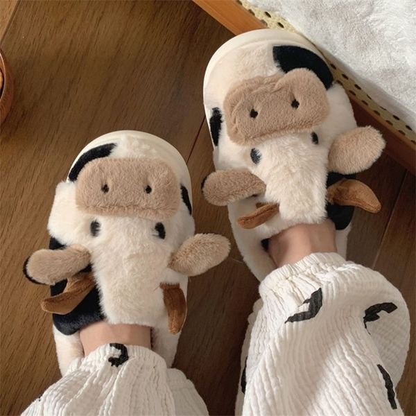 

slippers milk cow fluffy fur women closed toe plush home winter warm bad bunny kawaii flat cute animal slides shoes 221109, Black
