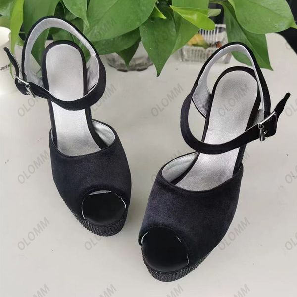 

olomm handmade women platform sandals faux suede rhinestone chunky heels round toe elegant black party shoes size 35 47 52
