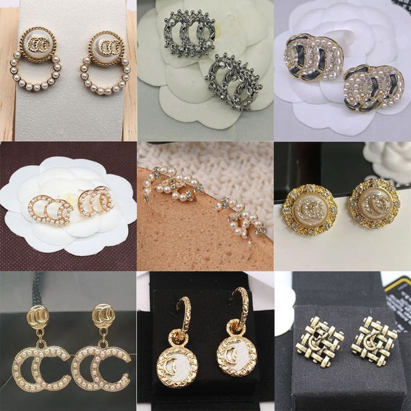 

20style mixed 18k gold plated silver letters stud luxury brand designers earring geometric famous women crystal rhinestone pearl wedding jew, Golden;silver